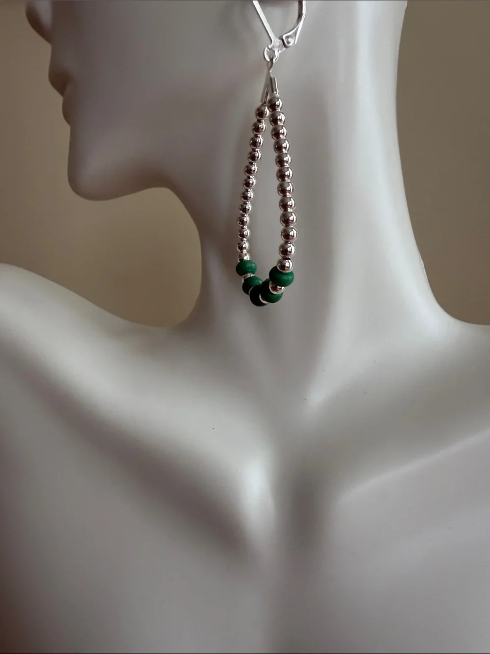 HAND CRAFTED GREEN APPLE TURQUOISE & SILVER TEARDROP HOOP EARRINGS